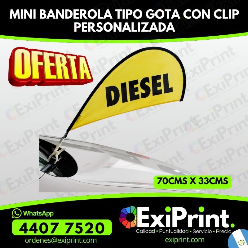 Oferta mini banderola tipo gota con clip 70cms x 33cms