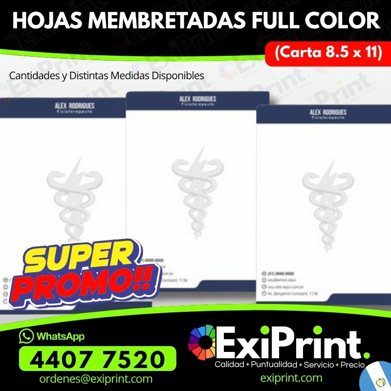 Oferta 500 Hojas Membretadas a Full Color, Bond 80gms y Lino