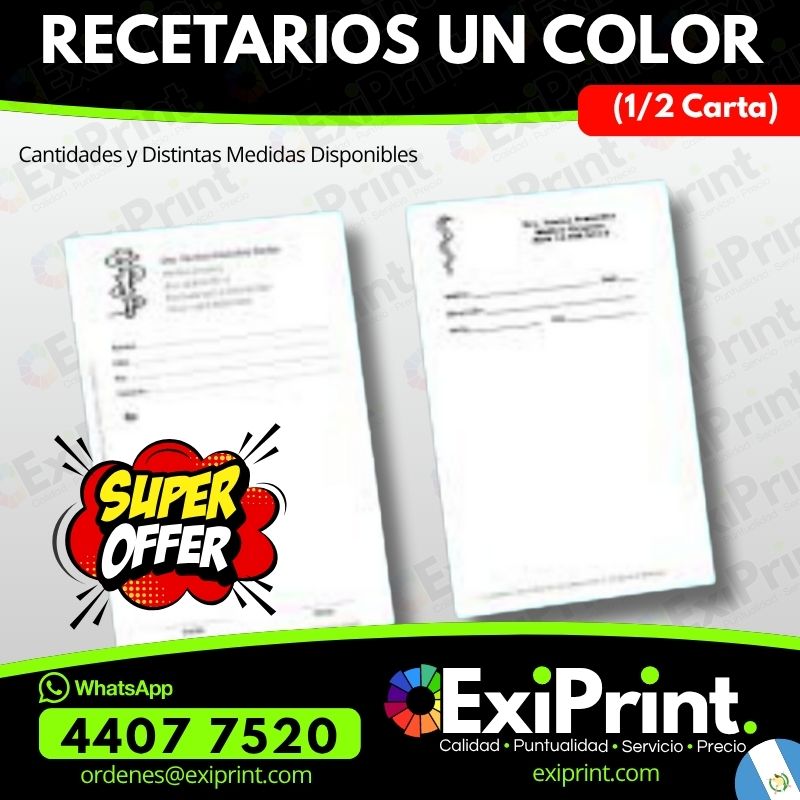 Oferta 500 Recetarios Médicos, 1 color, 80gms Bond