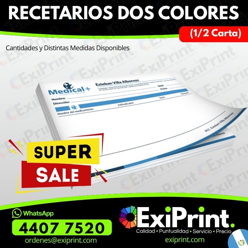 Oferta 500 Recetarios Médicos, 2 colores, media carta, 80gms Bond