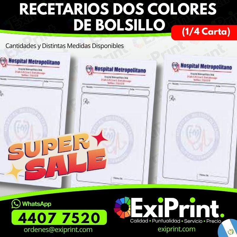 Oferta 500 Recetarios Médicos de Bolsillo, 2 colores, un cuarto de carta, 80gms Bond