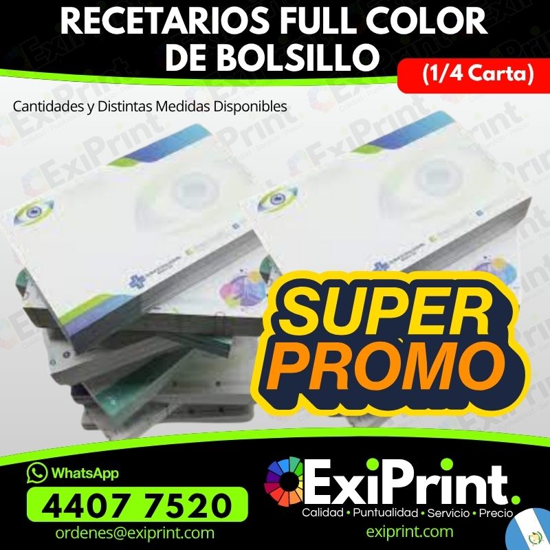Oferta 500 Recetarios Médicos de Bolsillo, un cuarto de carta, Full color, bond 80gms
