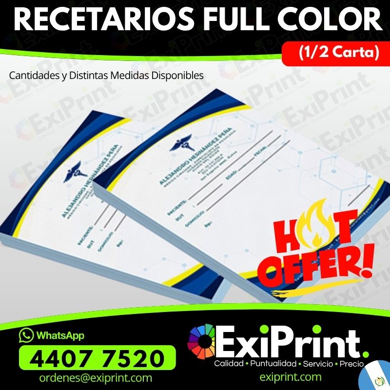 Oferta 500 Recetarios Médicos, Fullcolor, media carta, 80gms Bond