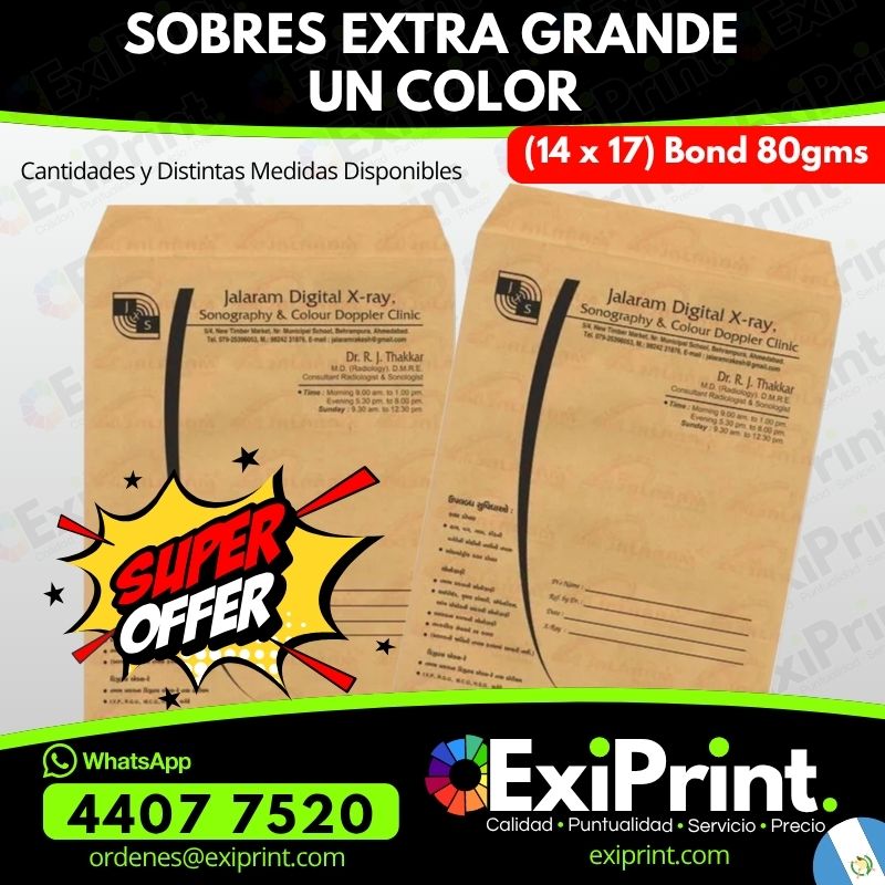 Oferta 100 Sobres Extra Grandes a Un Color, Bond 80gms, 14x17